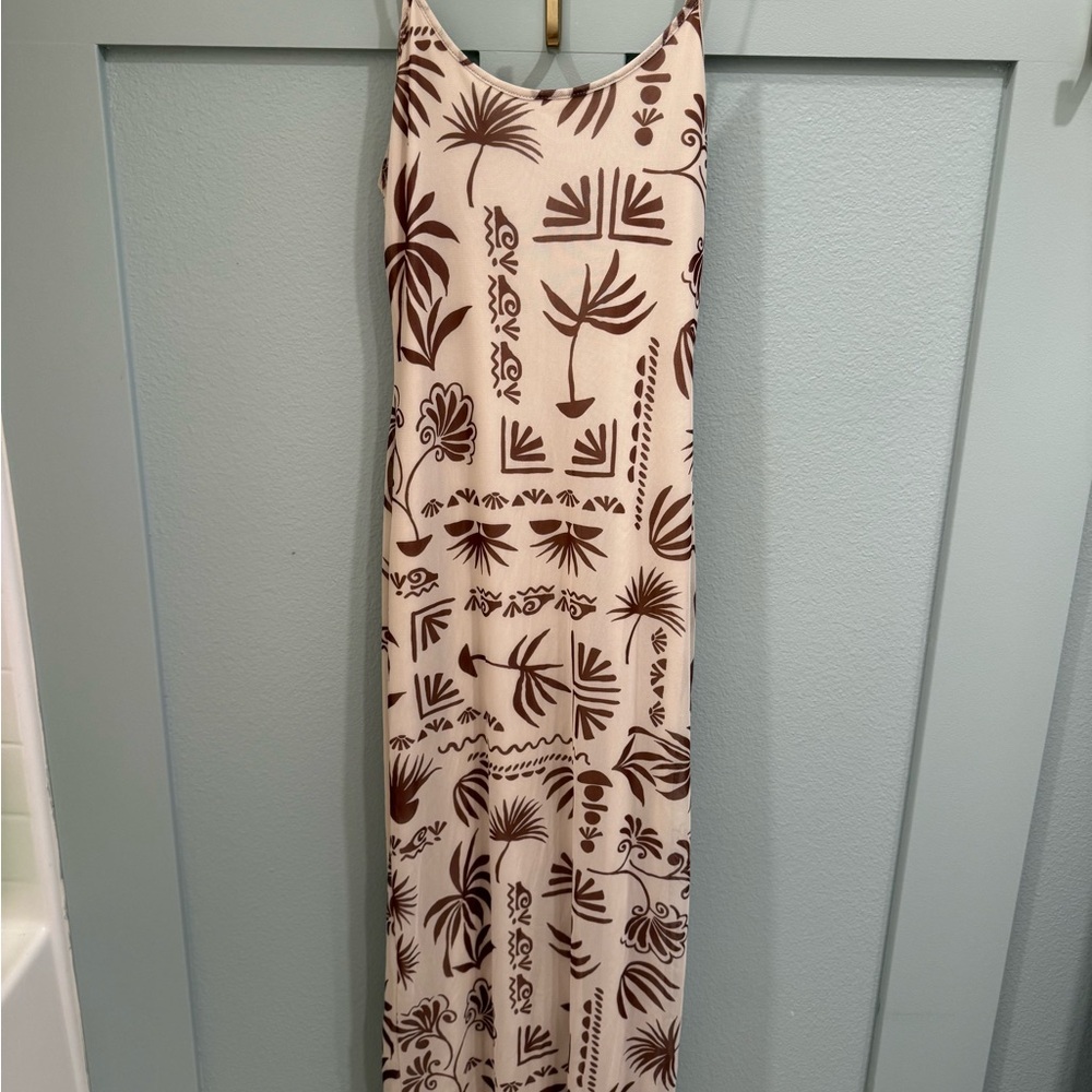 See You Monday Cream Maxi Dress with Brown Tropical Print